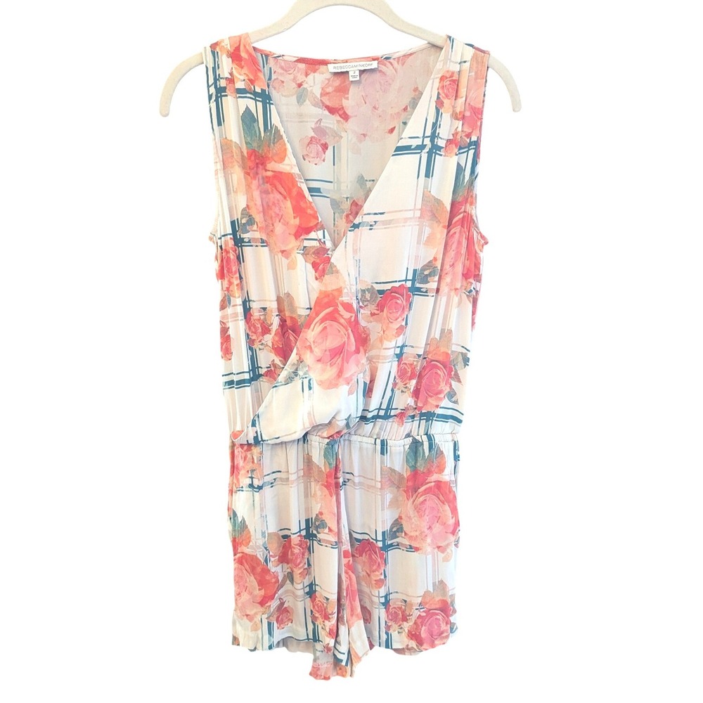 Rebecca‎ Minkoff Romper 2 White Coral Floral Plaid Silk Blend Sleeveless V-Neck